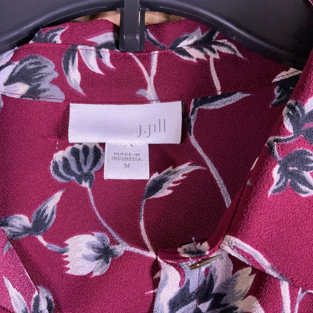 J. Jill Burgundy Floral Button Down Tunic Blouse Womens Medium Long Sleeve Shirt - Picture 2 of 12